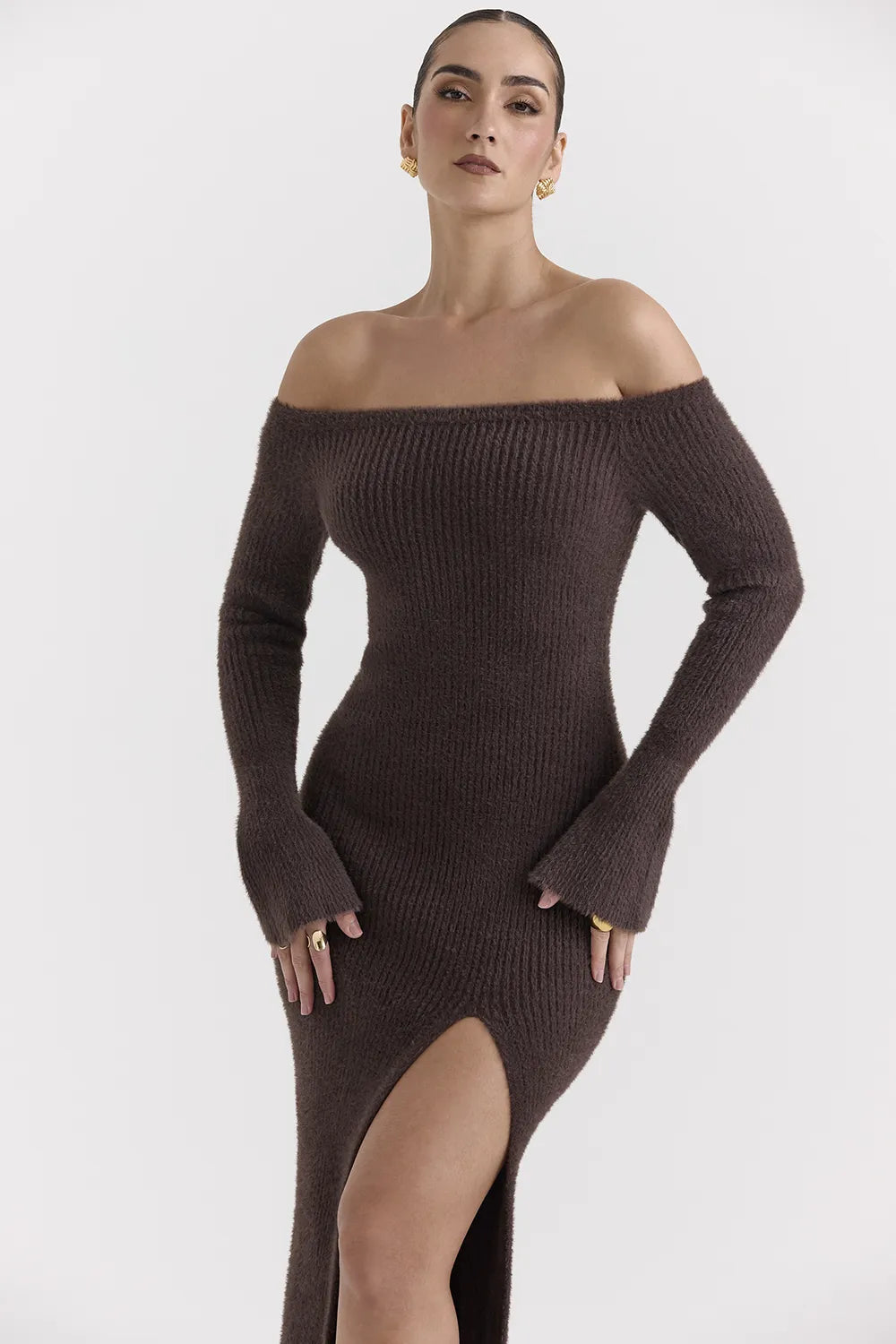 Lucena Espresso Knit Off Shoulder Dress