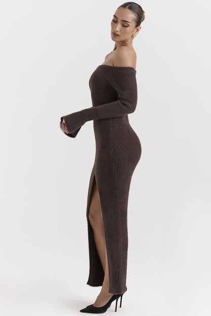 Lucena Espresso Knit Off Shoulder Dress