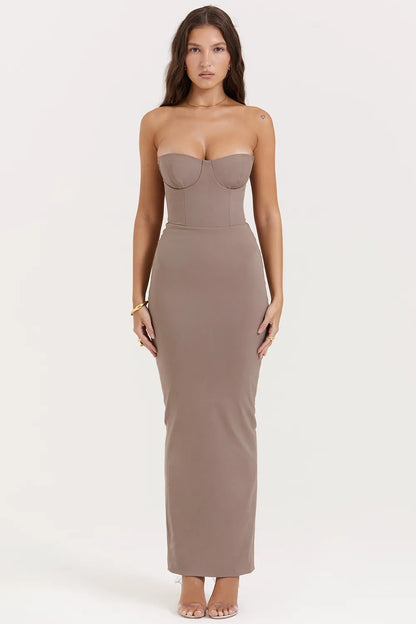 Lucia Taupe Strapless Corset Maxi Dress