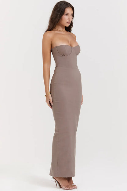 Lucia Taupe Strapless Corset Maxi Dress