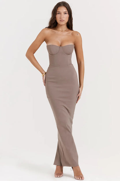 Lucia Taupe Strapless Corset Maxi Dress