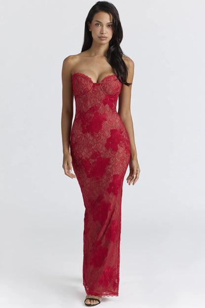 Lucienne Red Lace Embroidered Maxi Dress - Limited Edition