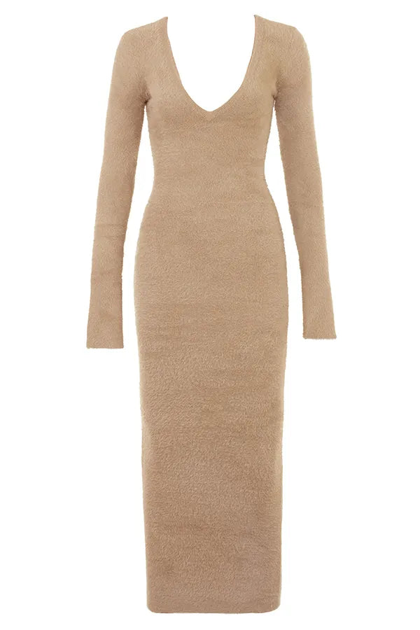 Lucille Camel Fuzzy Maxi Dress