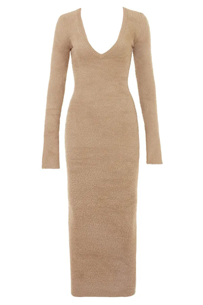 Lucille Camel Fuzzy Maxi Dress
