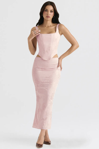 Luisette Pink Metallic Floral Satin Midi Skirt