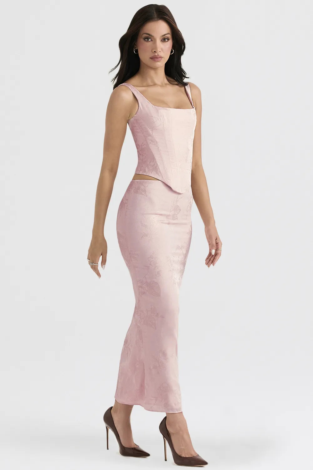 Luisette Pink Metallic Floral Satin Midi Skirt