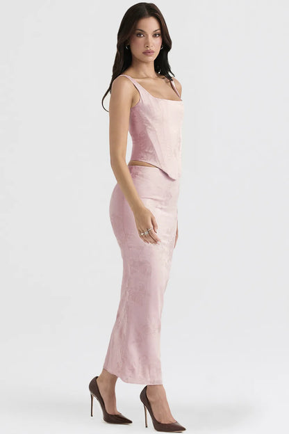 Luisette Pink Metallic Floral Satin Midi Skirt
