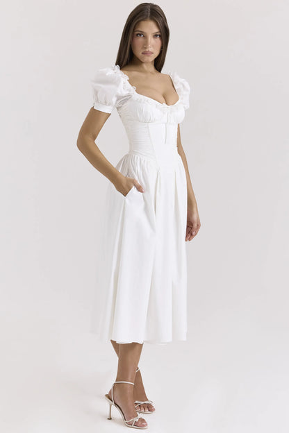 Lulabell White Stretch Cotton Puff Sleeve Midi Dress