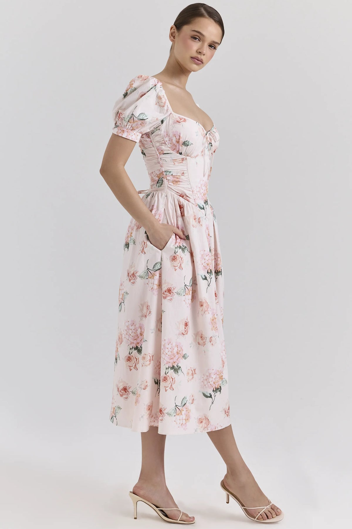 Lulabell Peach Floral Cotton Puff Sleeve Midi Dress