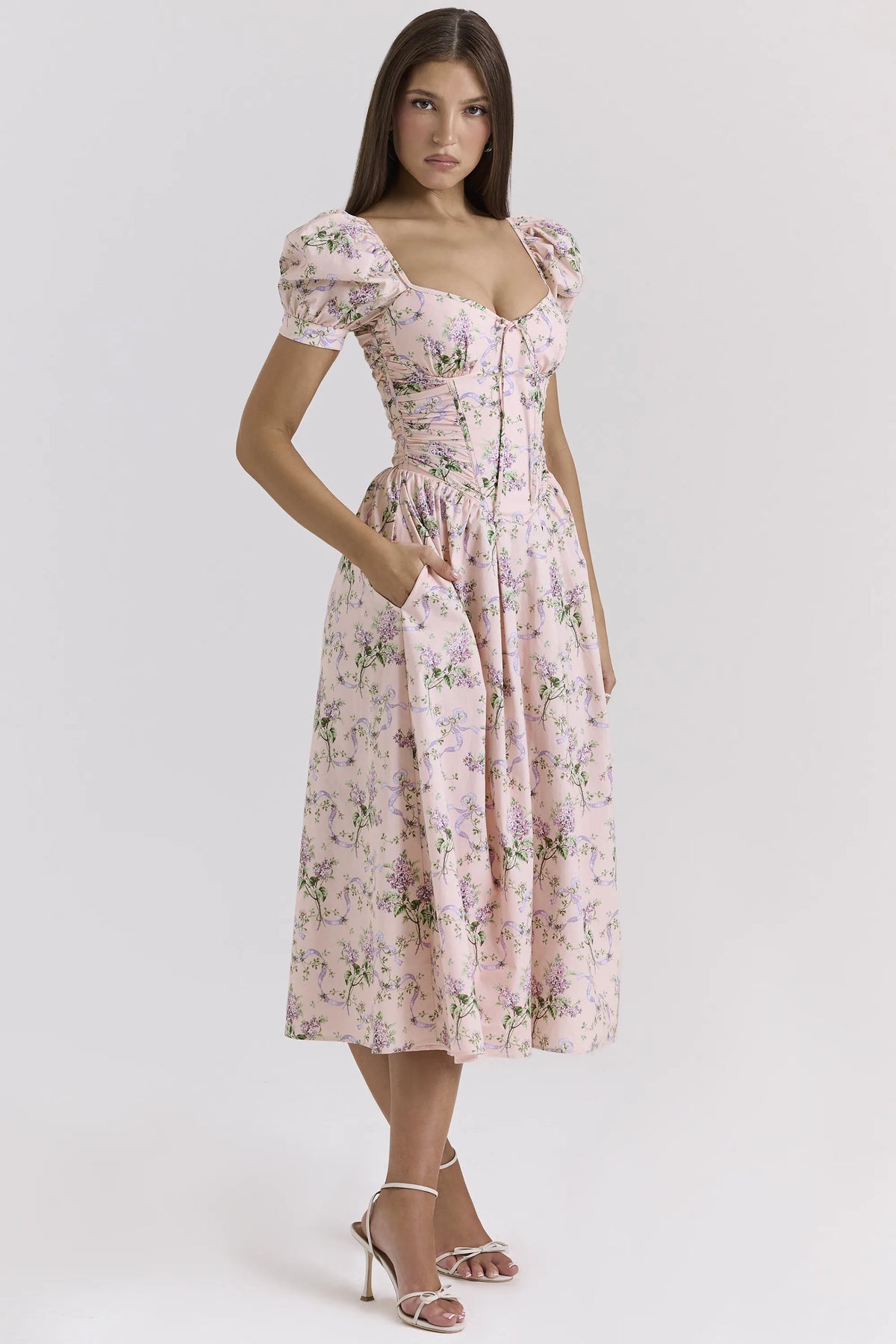 Lulabell Pink Ribbon Print Cotton Midi Dress