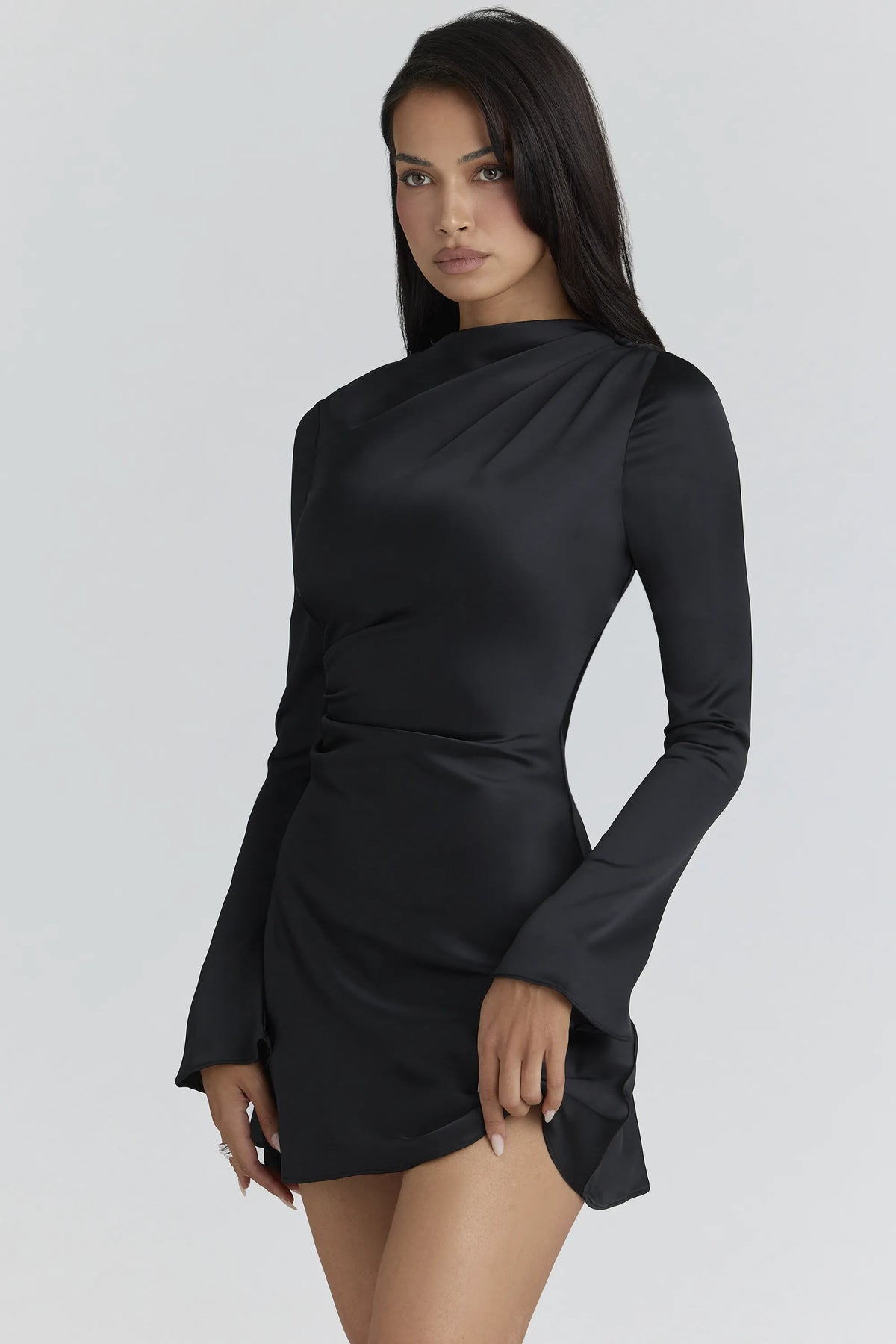 Lulu Black Satin Long Sleeve Mini Dress