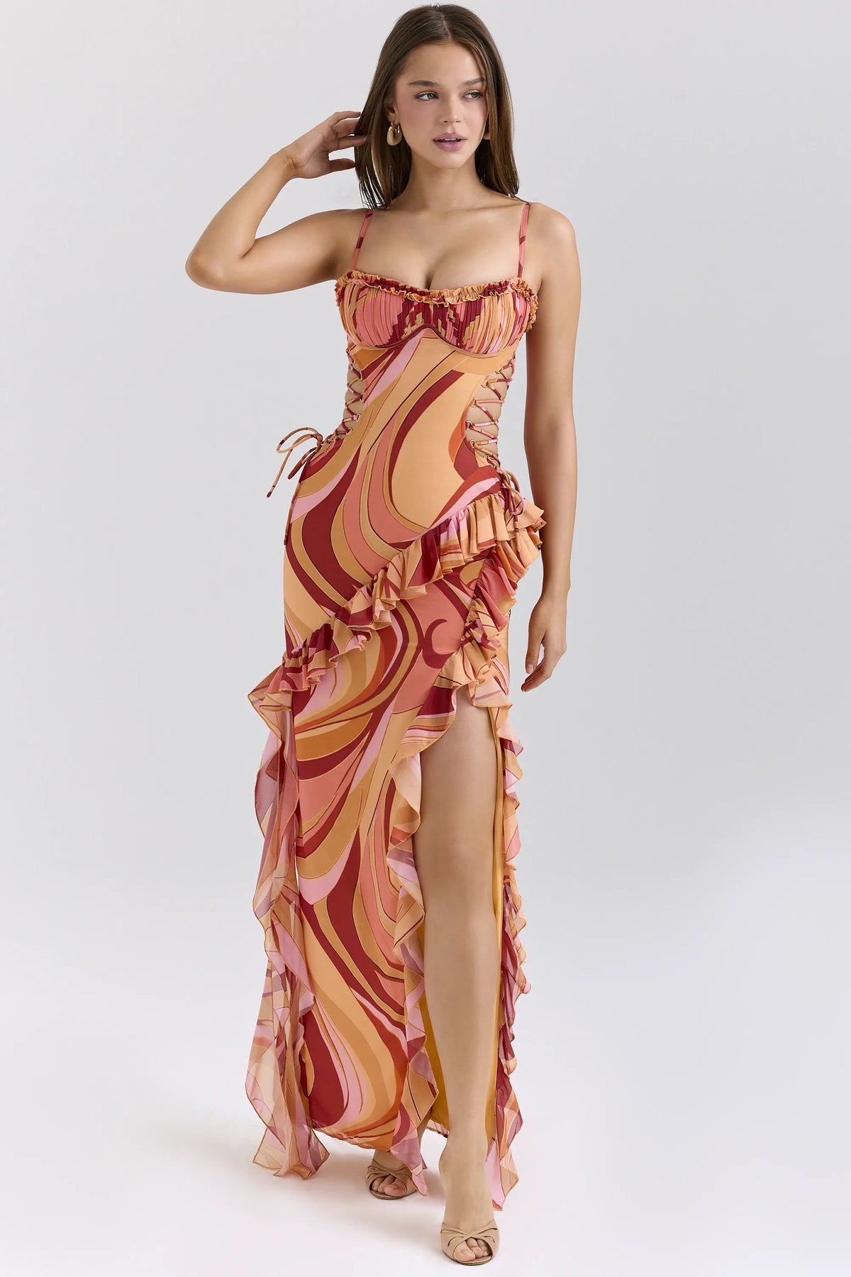 Lumira Sunset Swirl Print Ruffle Cut Out Maxi Dress