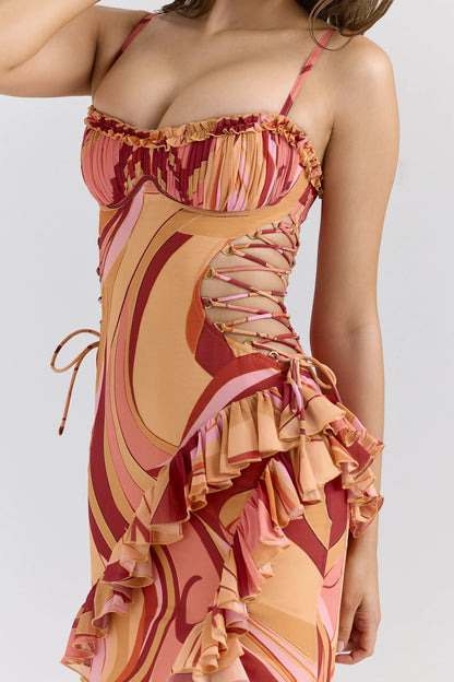 Lumira Sunset Swirl Print Ruffle Cut Out Maxi Dress