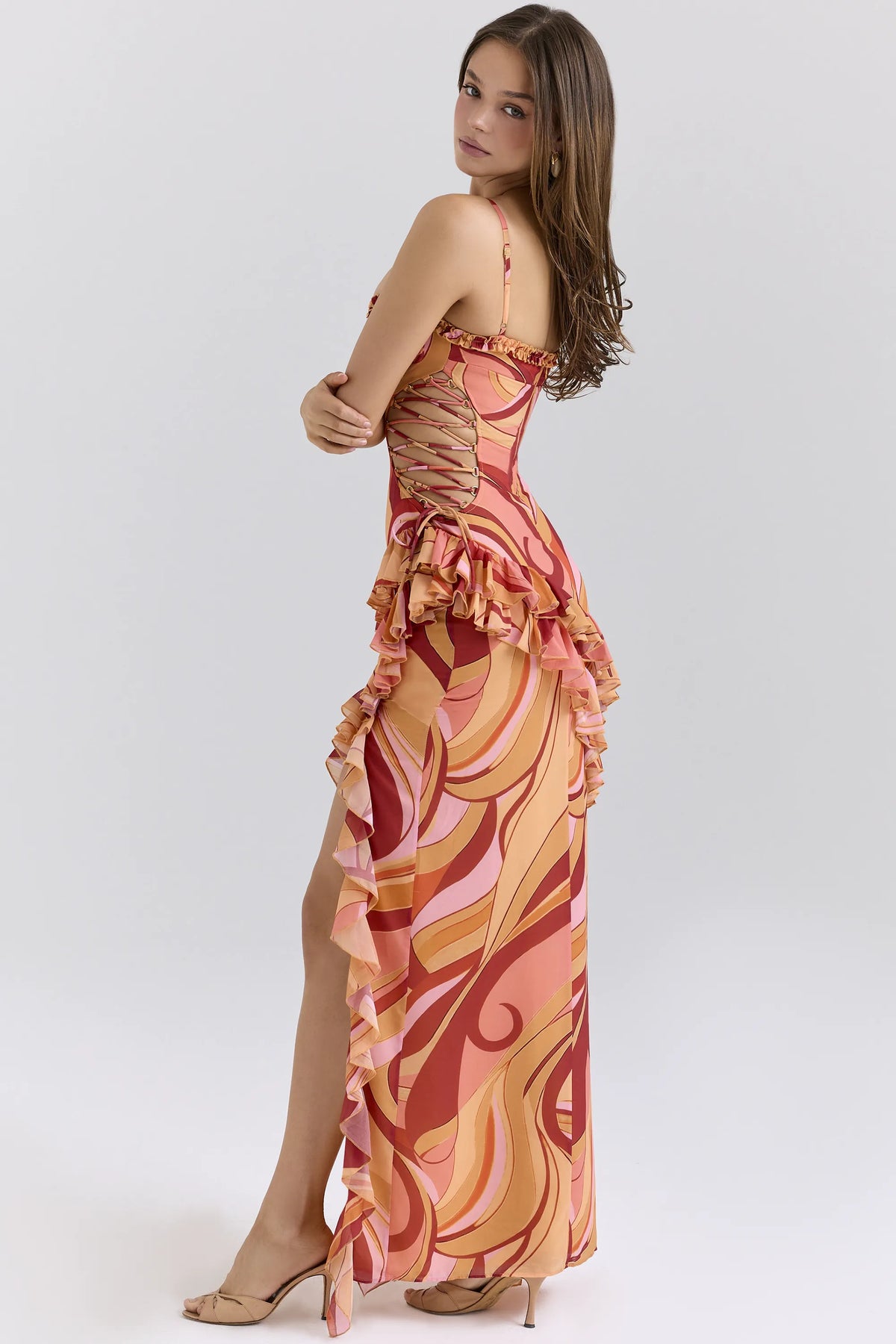 Lumira Sunset Swirl Print Ruffle Cut Out Maxi Dress