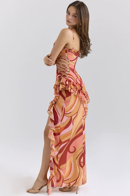 Lumira Sunset Swirl Print Ruffle Cut Out Maxi Dress