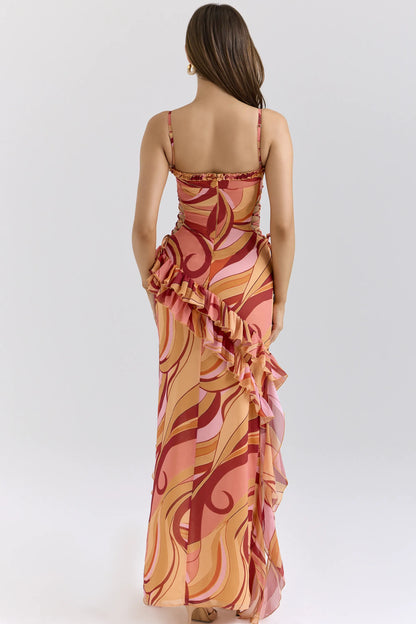 Lumira Sunset Swirl Print Ruffle Cut Out Maxi Dress
