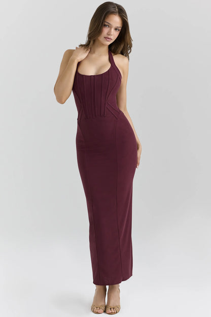 Lusilla Grape Stretch Mesh Halter Neck Midi Dress