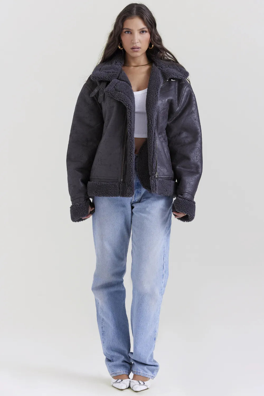 Madden Grey Vegan Shearling Aviator Jacket