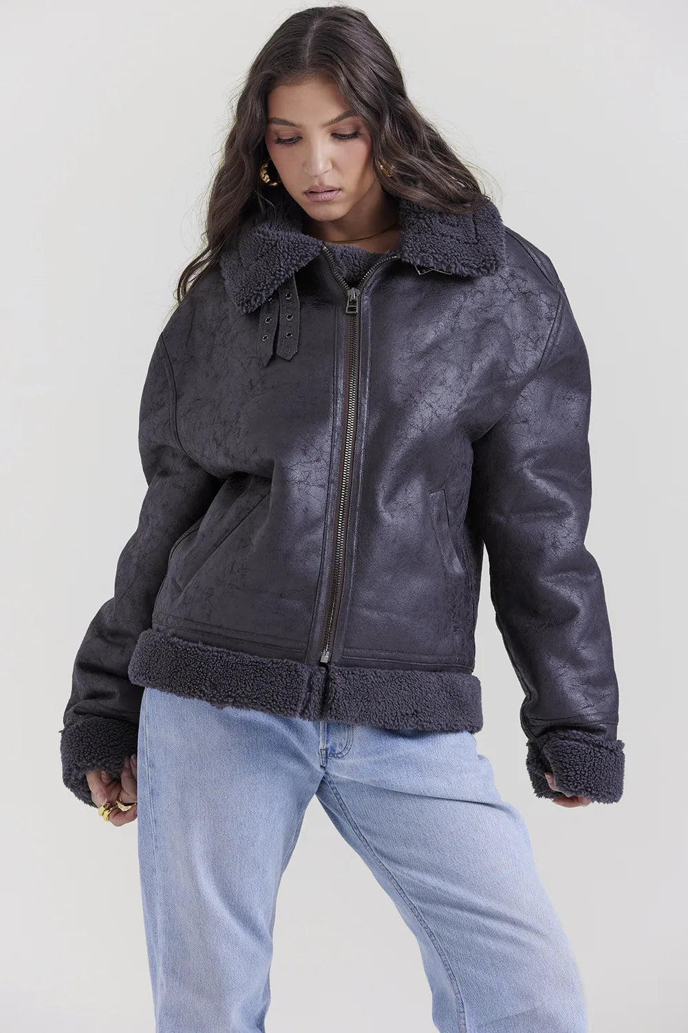 Madden Grey Vegan Shearling Aviator Jacket
