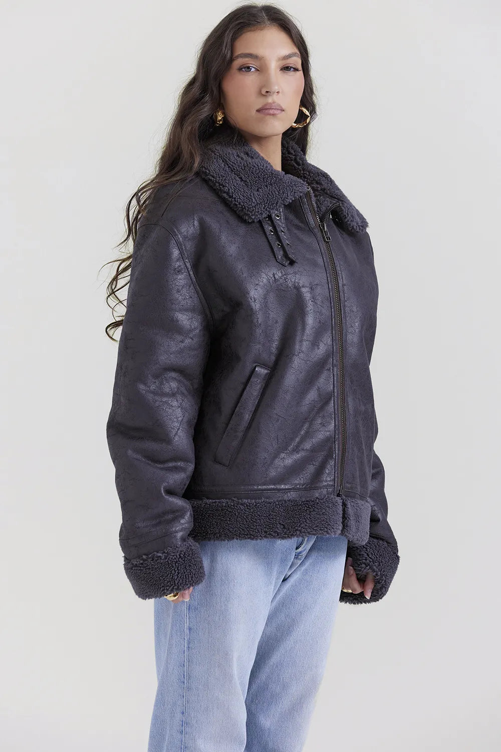 Madden Grey Vegan Shearling Aviator Jacket