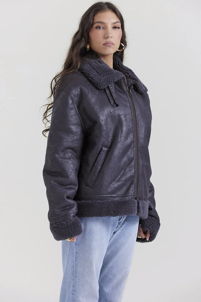 Madden Grey Vegan Shearling Aviator Jacket