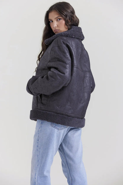 Madden Grey Vegan Shearling Aviator Jacket