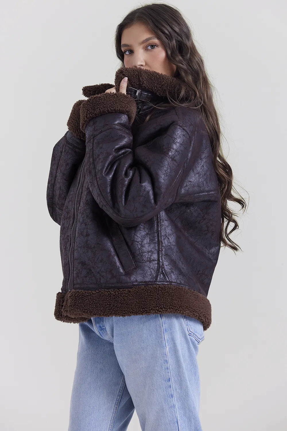 Madden Brown Vegan Shearling Aviator Jacket