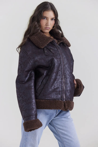 Madden Brown Vegan Shearling Aviator Jacket