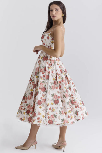 Mademoiselle Italian Rose Print Tulle Midi Dress