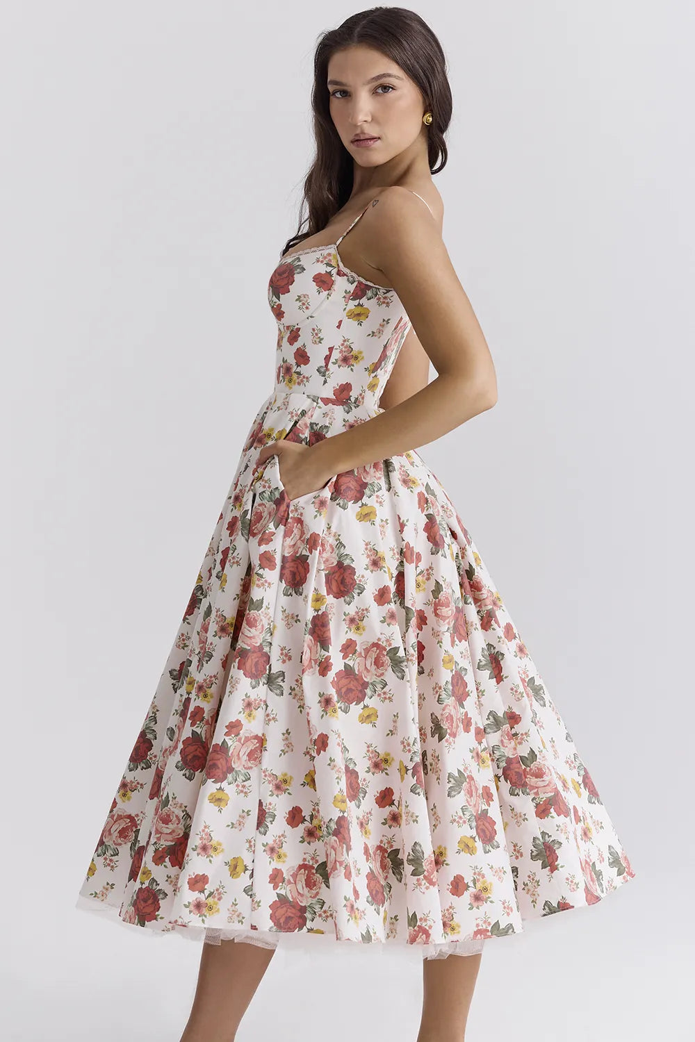 Mademoiselle Italian Rose Print Tulle Midi Dress