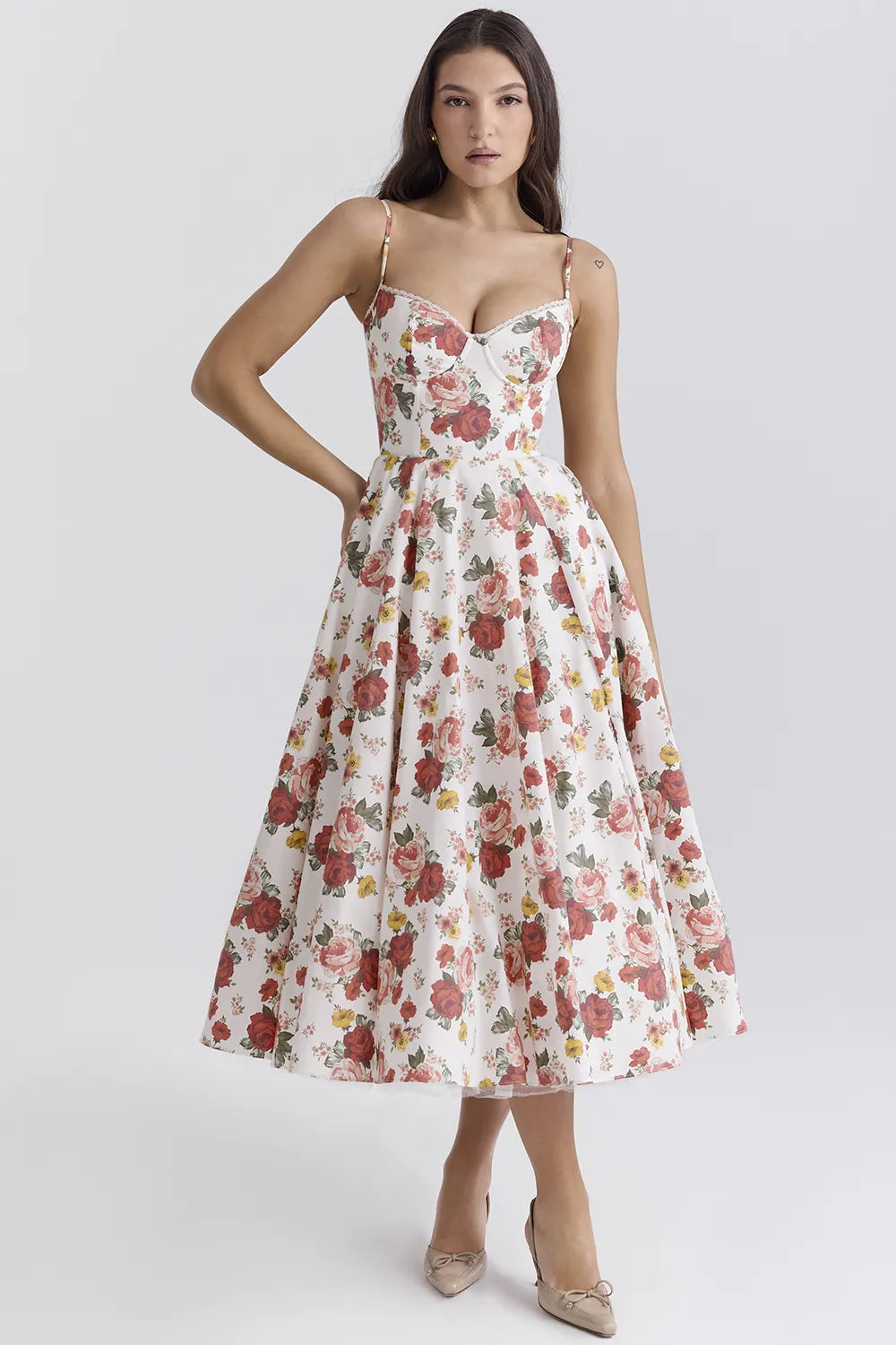 Mademoiselle Italian Rose Print Tulle Midi Dress
