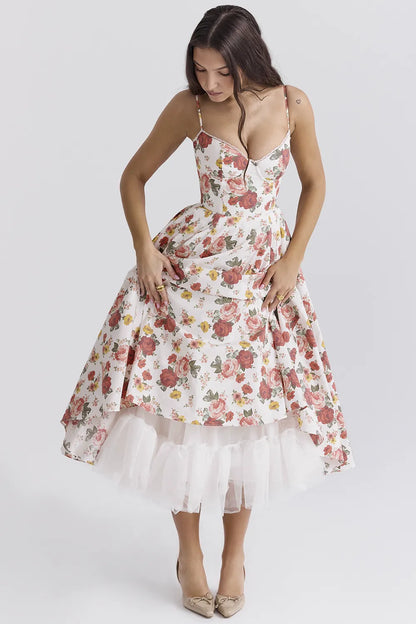 Mademoiselle Italian Rose Print Tulle Midi Dress