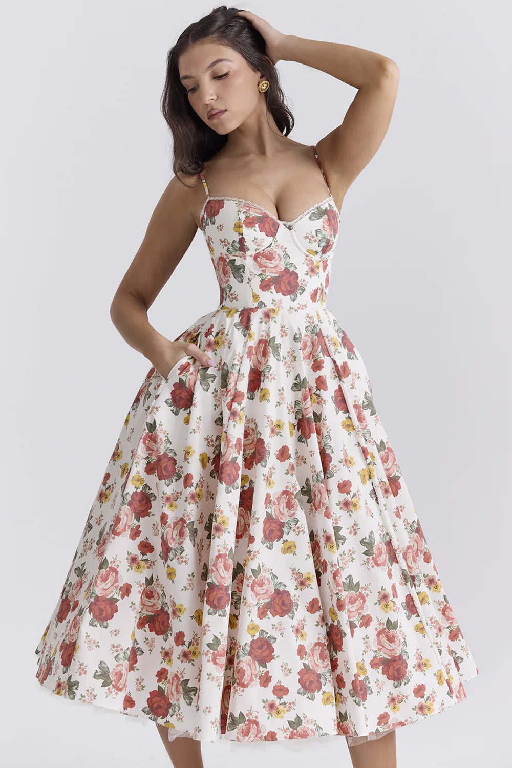 Mademoiselle Italian Rose Print Tulle Midi Dress
