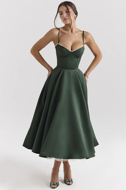 Mademoiselle Forest Green Satin Tulle Midi Dress