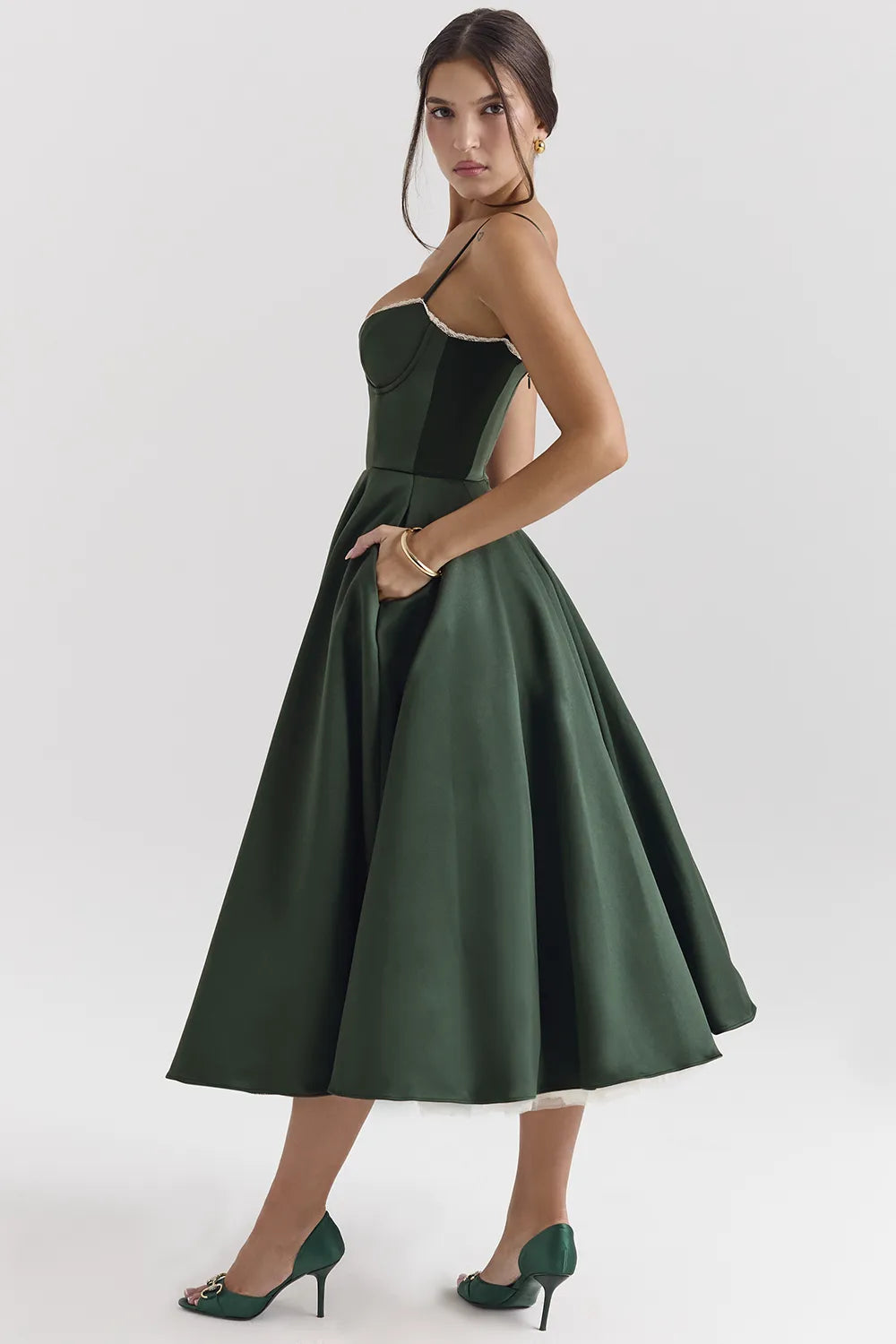 Mademoiselle Forest Green Satin Tulle Midi Dress