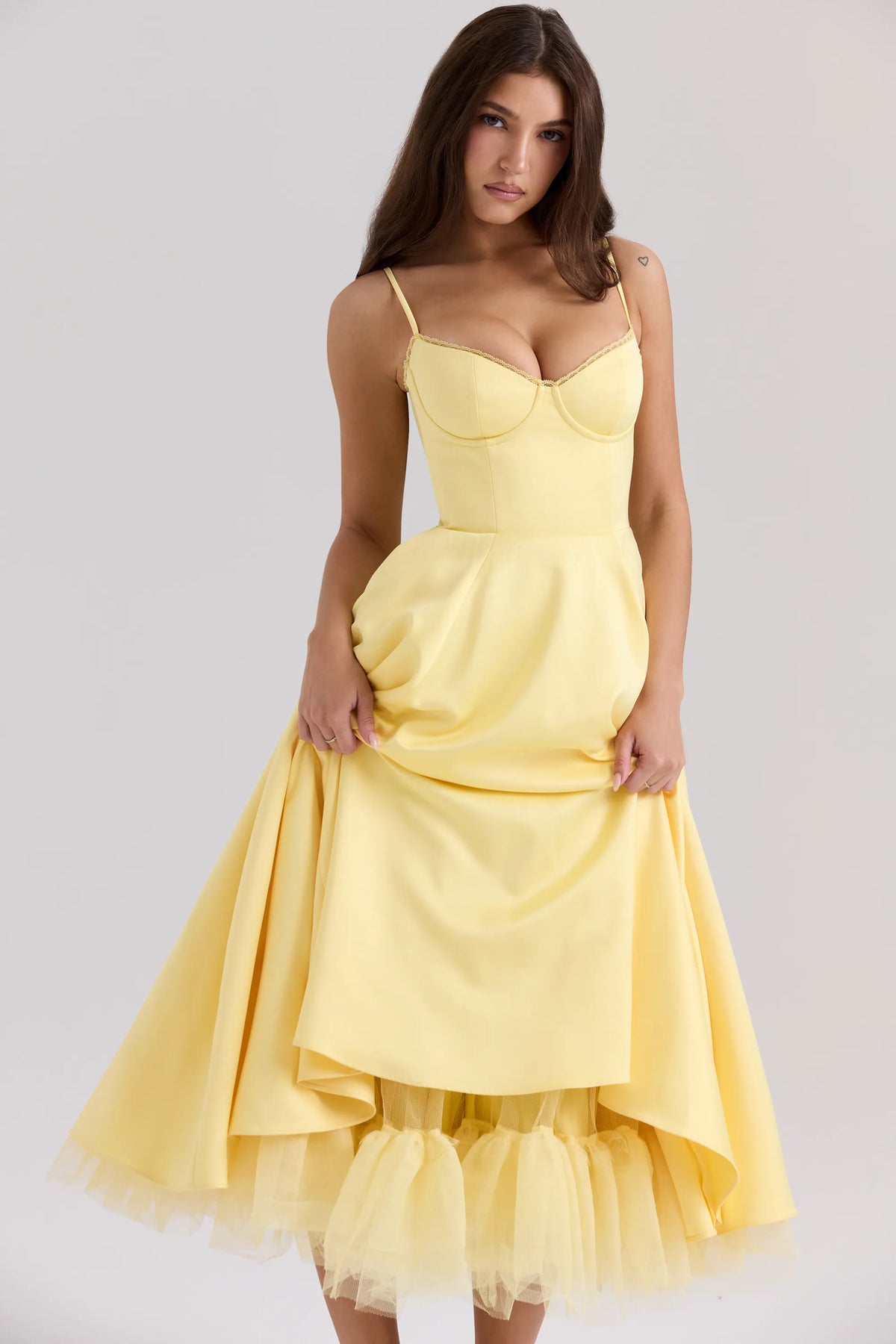 Mademoiselle Sunshine Yellow Satin Tulle Midi Dress