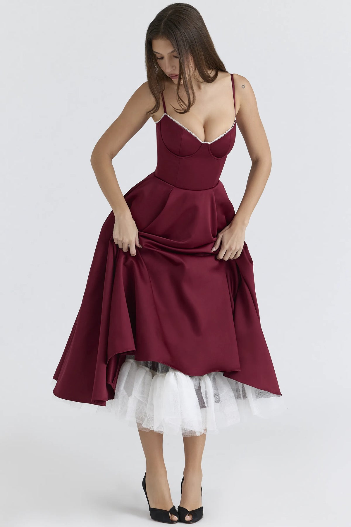 Mademoiselle Wine Satin Tulle Midi Dress