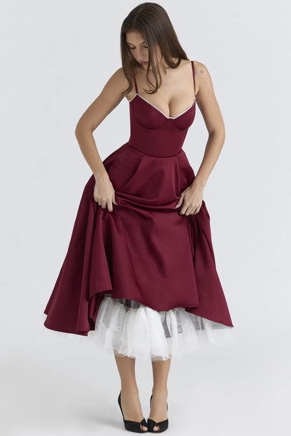 Mademoiselle Wine Satin Tulle Midi Dress