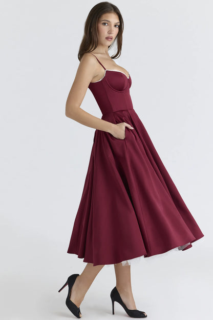 Mademoiselle Wine Satin Tulle Midi Dress