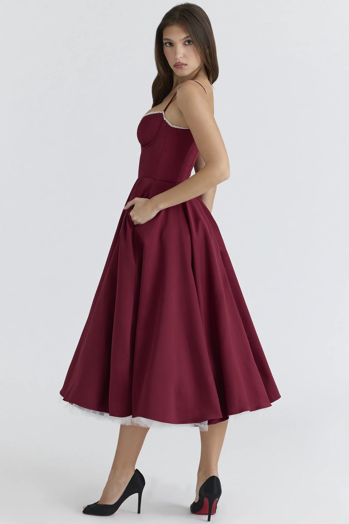 Mademoiselle Wine Satin Tulle Midi Dress