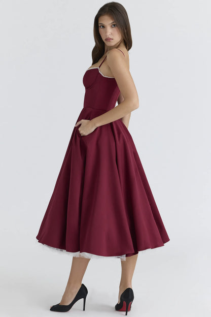Mademoiselle Wine Satin Tulle Midi Dress