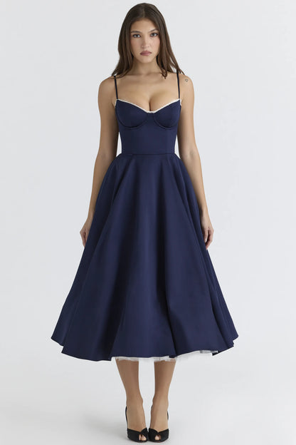 Mademoiselle Navy Satin Tulle Midi Dress