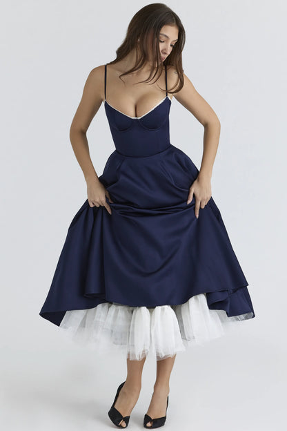 Mademoiselle Navy Satin Tulle Midi Dress