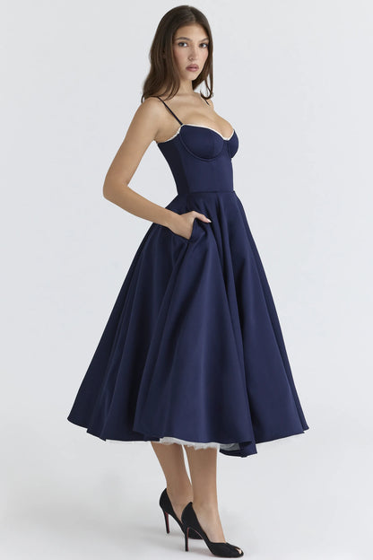 Mademoiselle Navy Satin Tulle Midi Dress