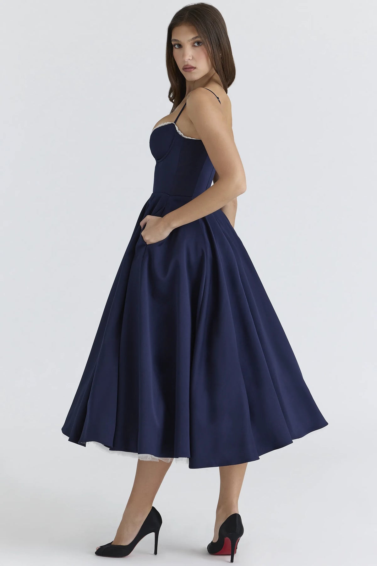 Mademoiselle Navy Satin Tulle Midi Dress