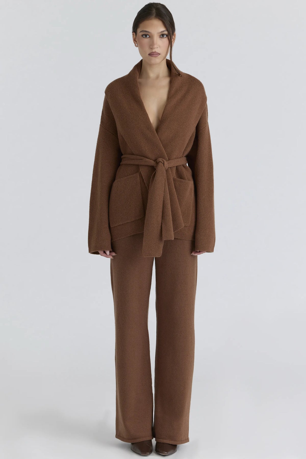Madison Tan Pure Wool Draped Front Cardigan