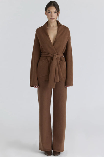 Madison Tan Pure Wool Draped Front Cardigan