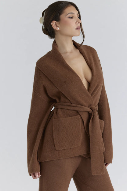 Madison Tan Pure Wool Draped Front Cardigan