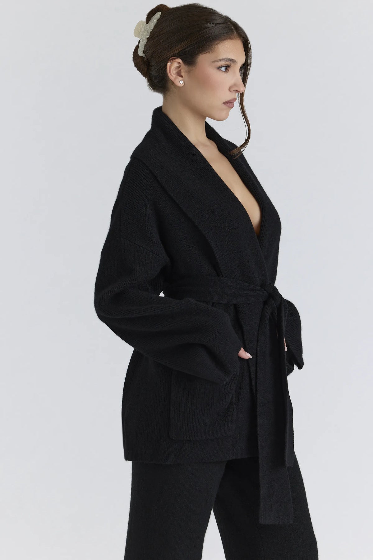 Madison Black Pure Wool Draped Front Cardigan
