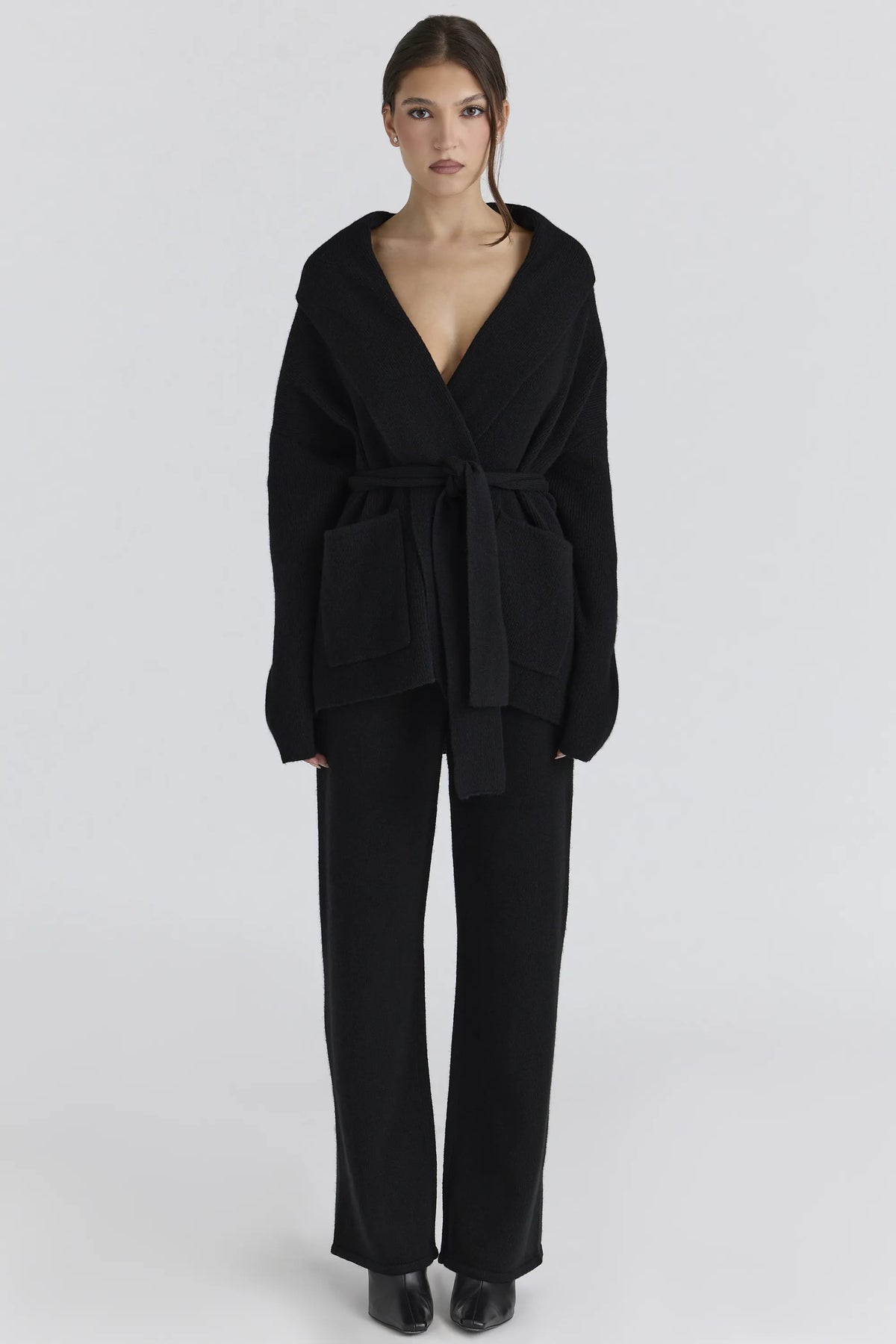 Madison Black Pure Wool Draped Front Cardigan